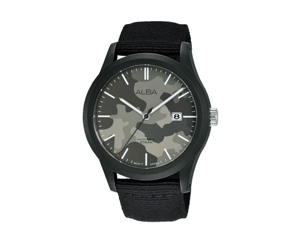 ALBA Men's Watch ACTIVE Black Nylon Band, Grey Camouflage Dial AS9K33X1