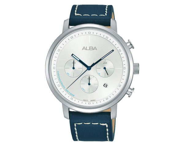 ALBA Men's Hand Watch PRESTIGE Blue Leather Band, Silver Dial AT3D63X1