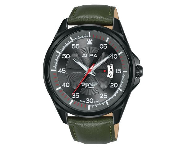 ALBA Men's Hand Watch ACTIVE Green Leather Strap, Grey Dial AS9G95X1