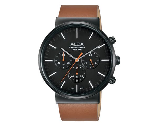 ALBA Men's Hand Watch PRESTIGE Brown Leather Band, Black Dial AT3E33X1