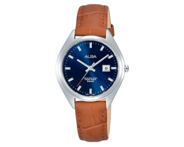 ALBA Ladies' Hand Watch PRESTIGE Brown Leather Strap , Blue Dial AH7Q15X1